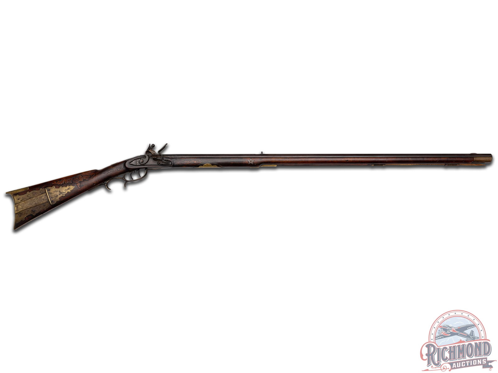 Unique Highly Folk Art Decorated Unknown Kentucky Flintlock Rifle: Unsigned 39" octagon 40 caliber rifled barrel with German silver front sight and rear notch hunting sight with pewter plug behind rear sight. Single bolt flintlock with double set trigger control. Bra