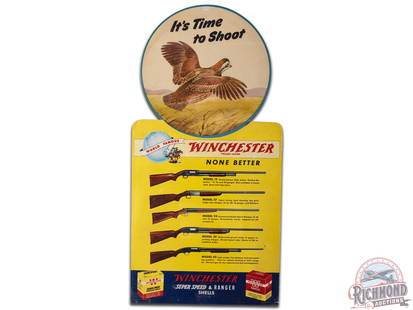 Winchester "It's Time To Shoot" Quail Cardboard Easel Back Countertop Display Sign: Winchester "It's Time To Shoot" cardboard easel back sign. It has good color and shows some areas of wear, slight discoloration, minor paper loss, a pin hole at the top, and a crease at the top left.