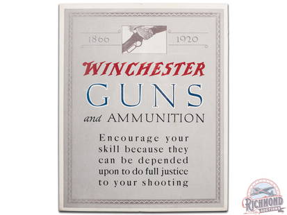 Winchester Guns & Ammunition Cardboard Easel Back Countertop Display Sign: Winchester Guns & Ammunition cardboard easel back sign. It has good color and shows light wear with a few spots of minor paper loss. It displays very well. Shrink wrapped and secured to foam board. 10