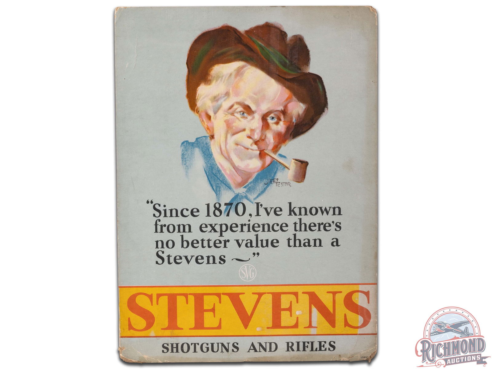 Stevens Shotguns And Rifles Cardboard Easel Back Countertop Display Sign: Stevens shotguns and rifles easel back sign. It has good color and shows some areas of wear, paper loss, and discoloration mainly along the edge. It displays well. Marked but illegible due to loss. Sh