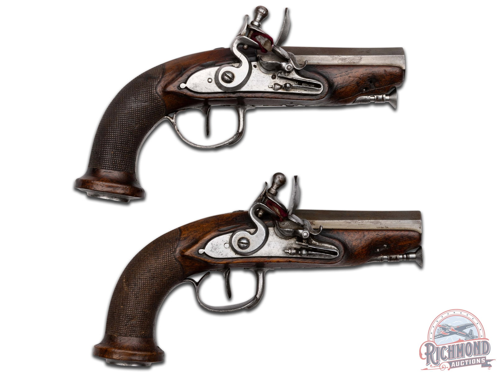 Napoleonic Era Pair of French Flintlock 50 Caliber Black Powder Pocket Pistols: Possibly LeClerc, cartouche on the top of both barrels are worn but appear to be a L/C logo. 3" octagon barrels. Silver plated trigger guard, trigger, sideplate, flintlock action, pistol grip cap, ram