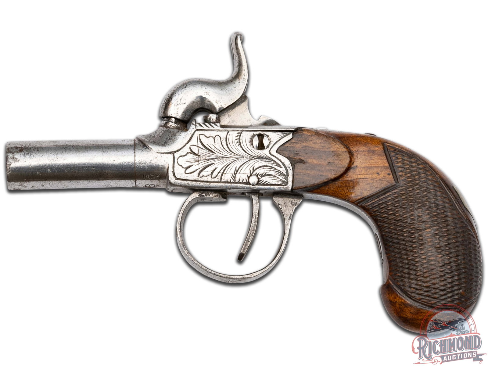 Antique Mid 1800's Belgium Muff Pistol 38 Caliber Percussion: Manufactured circa mid 1800's. This 38 Caliber muff pistol features a square rifled bore in a round polished steel barrel. Belgium proof mark, floral engraved boxlock percussion action with single tri