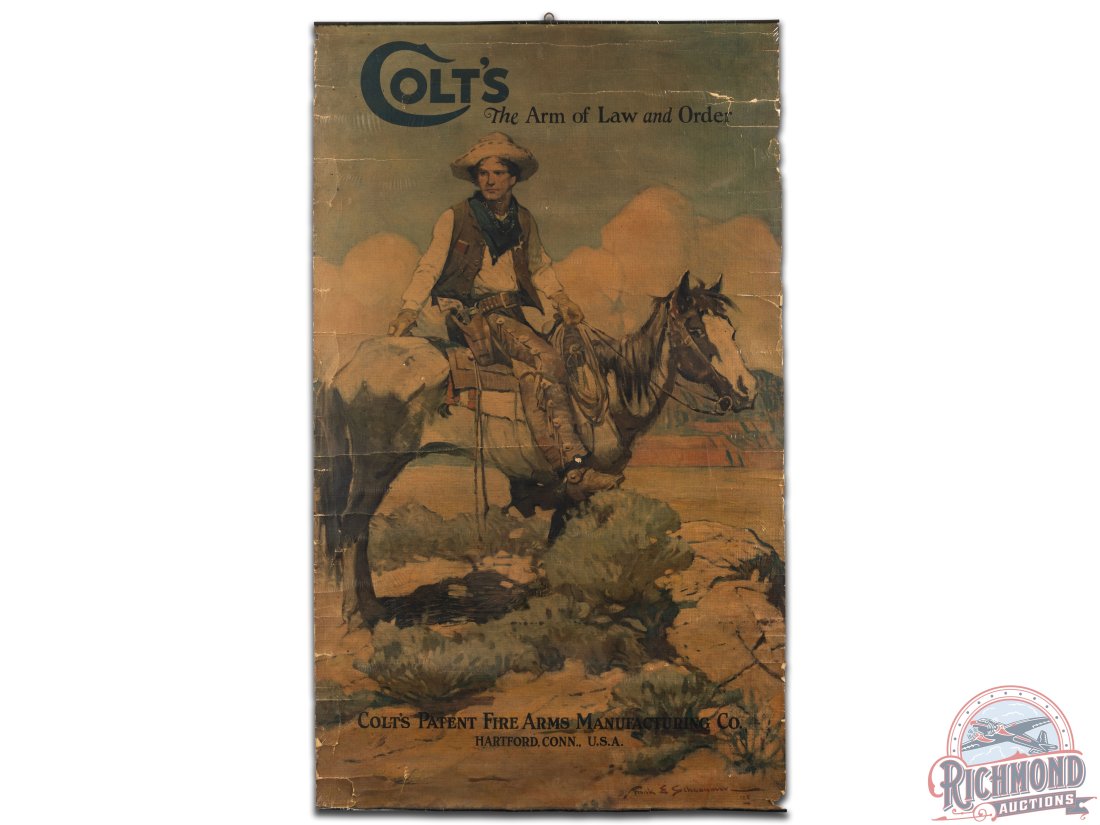 Rare 1925 Colt "The Arm Of Law And Order" Paper Poster Sign: Rare 1925 Colt's Patent Fire Arms Manufacturing Co. paper poster. This is one of Colt's most iconic gun posters. It shows some wear, dIscoloration, paper loss, creases, and some tears. It displays wel