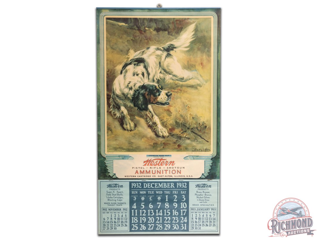 1932 Western Cartridge Co. "Champion Mars Guy" Paper Calendar Sign: 1932 Western Ammunition paper calendar. It has good color and shows some light creases, minor paper loss along the edge, and a 2" tear along the right edge at the artist signature. It retains only the