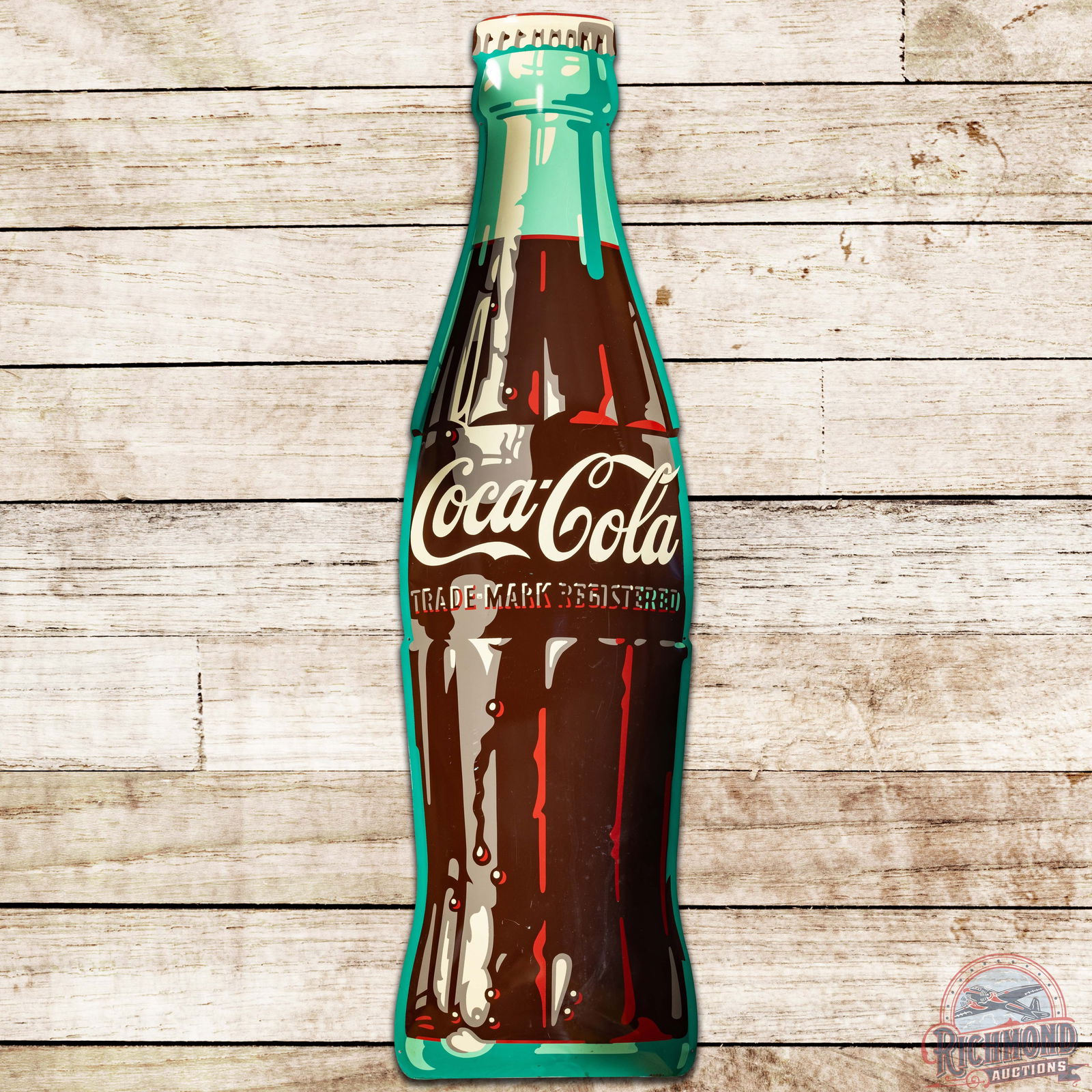 Coca Cola Die Cut 6' Convex SST Bottle Sign: SST (Single Sided Tin) die cut convex bottle shaped Coke sign has excellent color and shine. The field has light wear with small scuffs and fine scratches. The perimeter has light wear on the lower ed