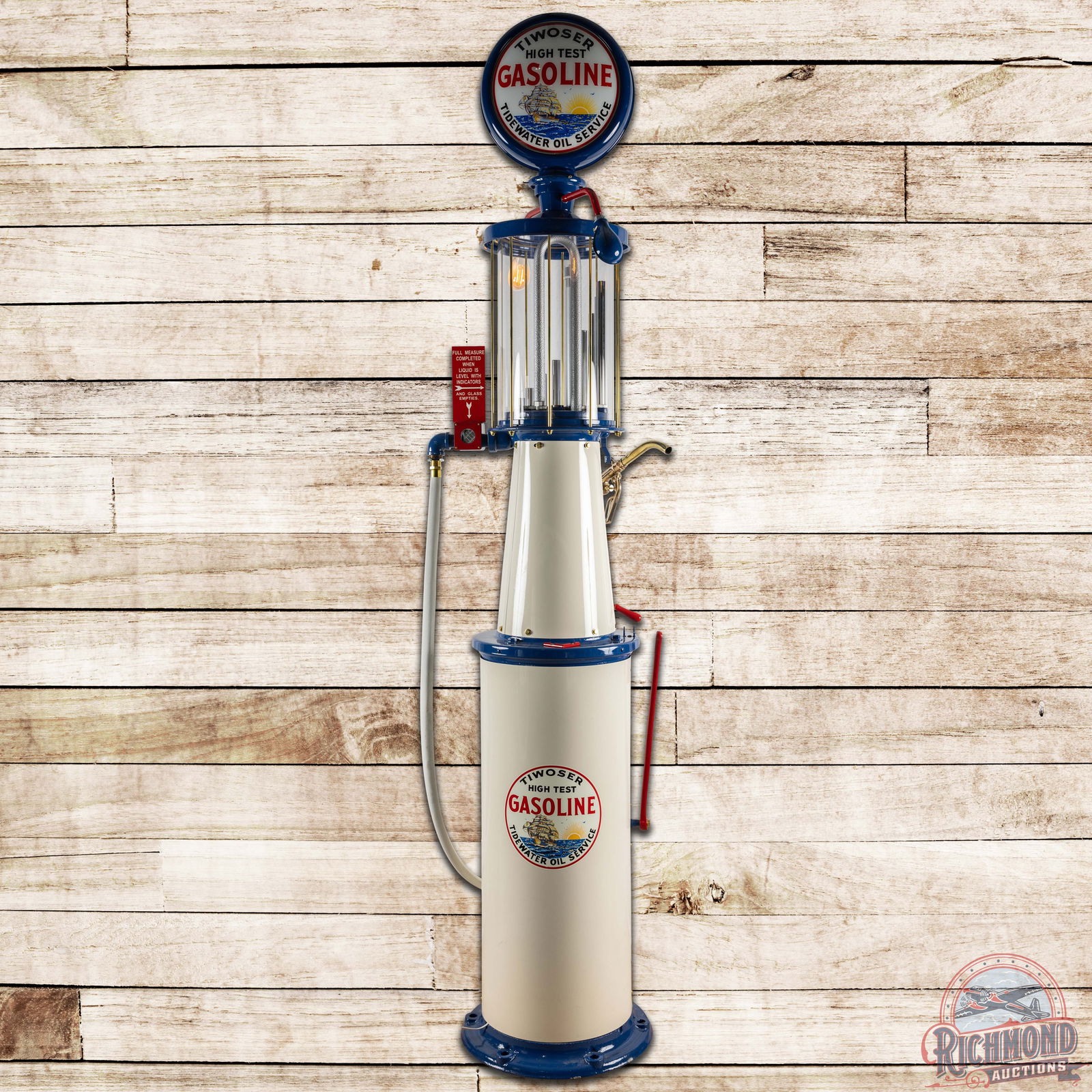 Correct Measure "Pipe Organ" Ten Gallon Visible Gas Pump Restored Tiwoser: Correct Measure pipe organ gas pump has been professionally restored. The paint is bright with high gloss. It shows light wear with small paint chips. It displays very well and lights up as it should.