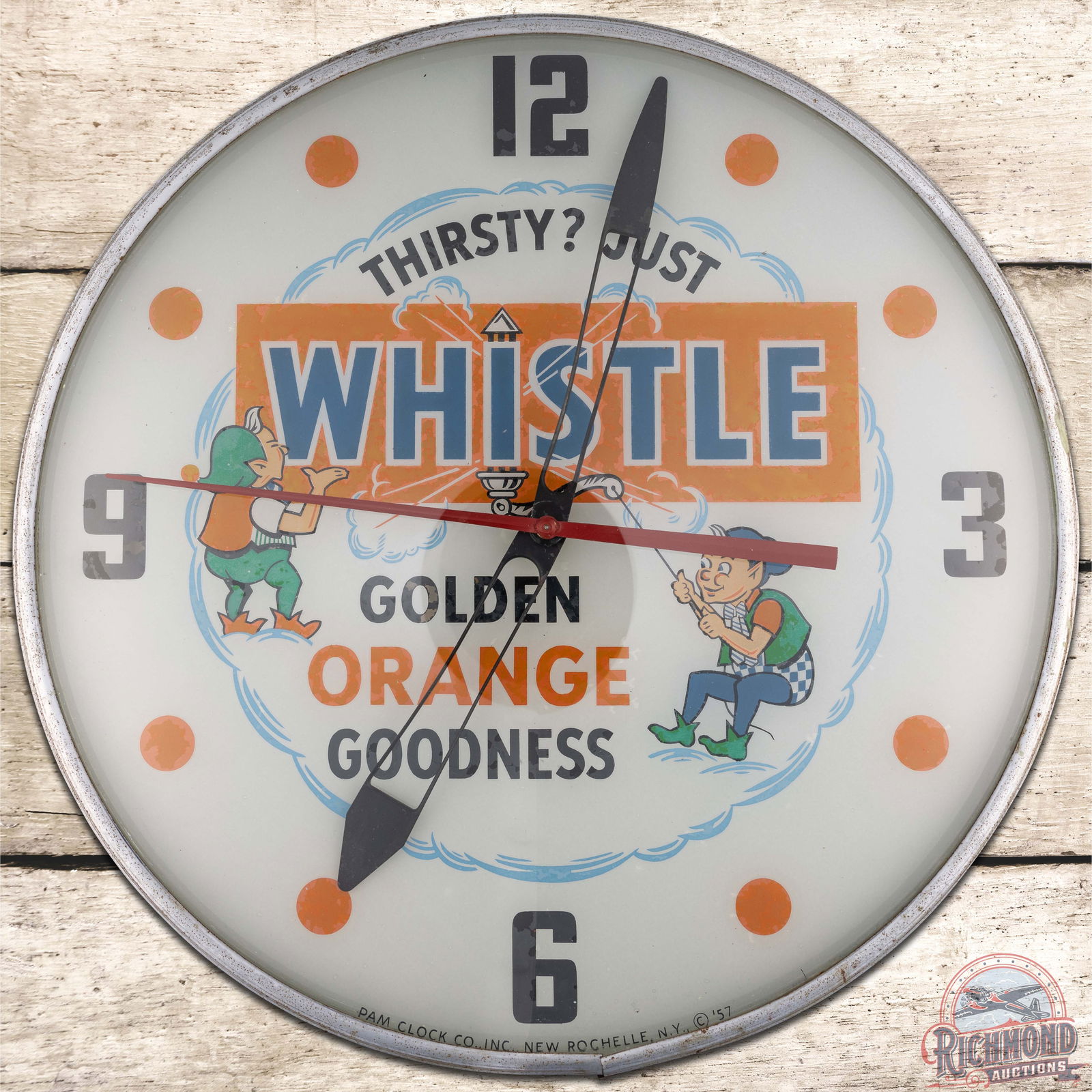 Whistle Golden Orange Goodness 15" PAM Advertising Clock w/ Elves (1 of 4)
