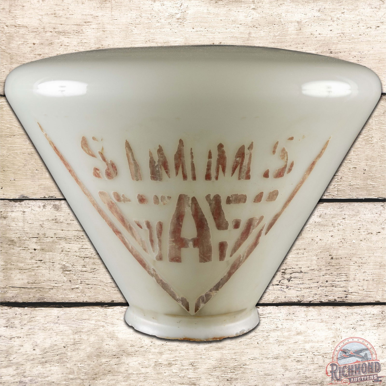 Simms Gas OPB Milk Glass Gas Pump Globe: 1 piece baked gas pump globe. The body has general age toning with base chips. The painted areas have heavy loss throughout. Overall a unique seldom-seen gas pump globe. 11" H x 16" W. Condition: 6.