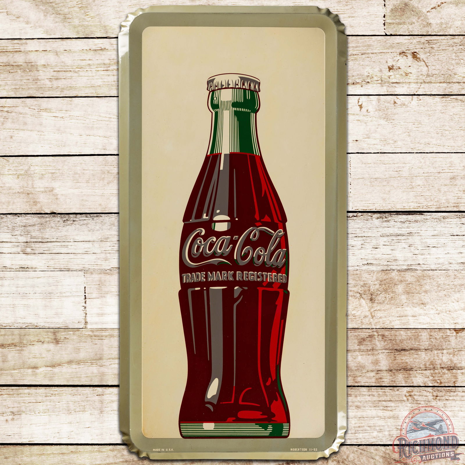 1952 Coca Cola Vertical SST Sign w/ Bottle: SST (Single Sided Tin) vertical self-framed Coke sign has excellent color and shine. The field is clean with a small area of oxidation in the bottle and minor toning in the outer field. The self-frame