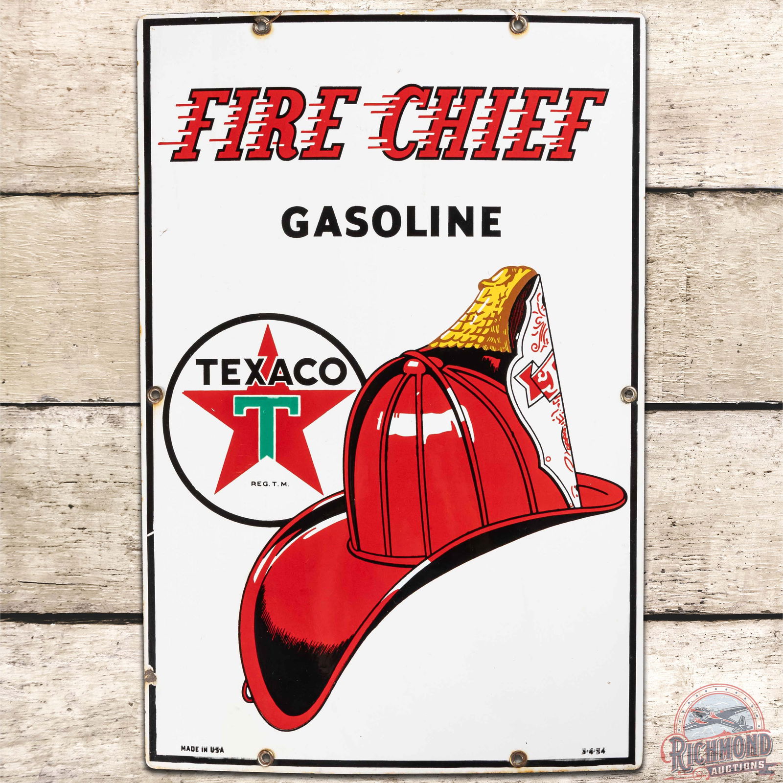 Group of 3 Texaco Gas Pump Plate Signs Sky Chief & Fire Chief: Group of 3 SSP (Single Sided Porcelain) pump plate signs includes two Fire Chief and one Sky Chief. The 1954 Fire Chief plate has excellent color and gloss. The field has minor surface wear. The perim