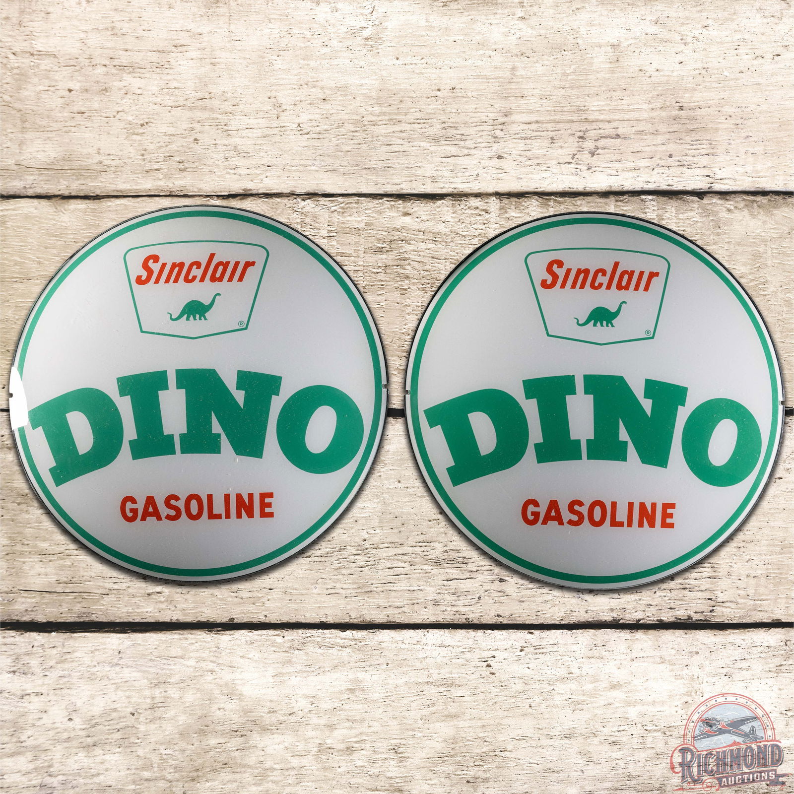 2 NOS Sinclair Dino Gasoline 13.5" Gas Pump Globe Lenses PAIR (1 of 3)