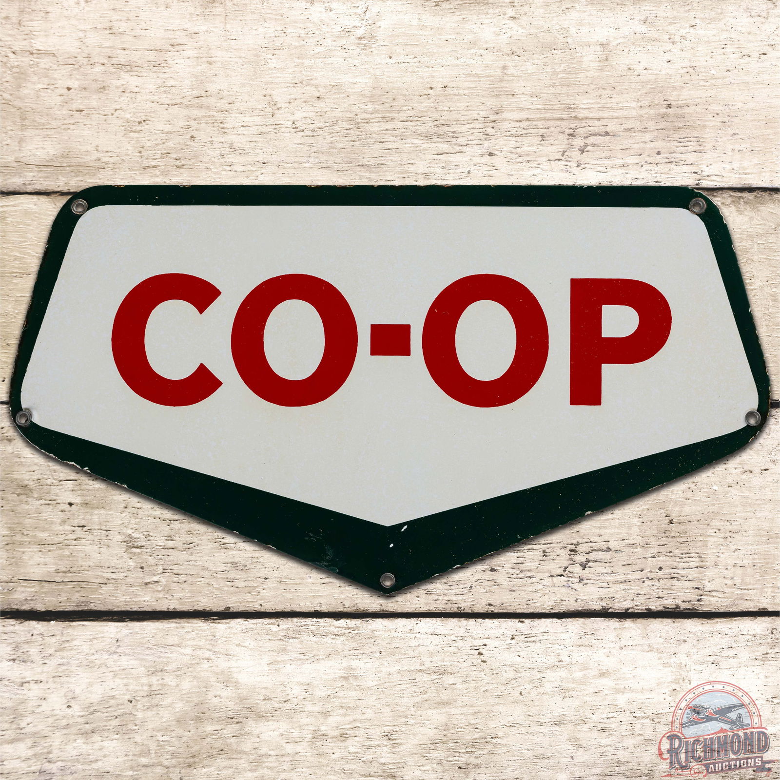 Co-Op Gasoline Oils SSP Truck Sign: SSP (Single Sided Porcelain) sign has very good color and gloss. The field has slight discoloration to the white background. The perimeter has small chips above the lower mount hole and along the edge