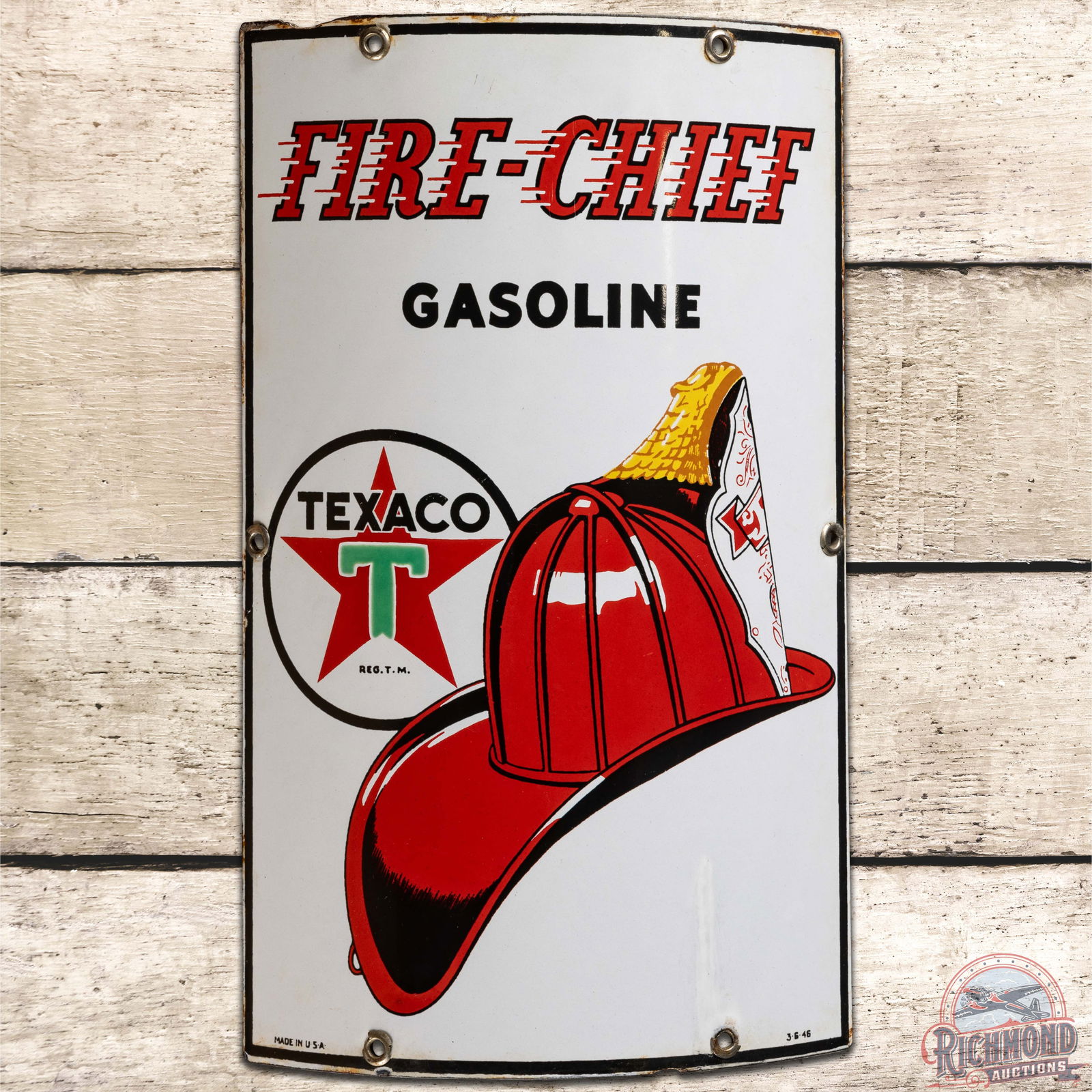 1946 Texaco Fire Chief Gasoline Curved SSP Gas Pump Plate Sign "Small" (1 of 3)