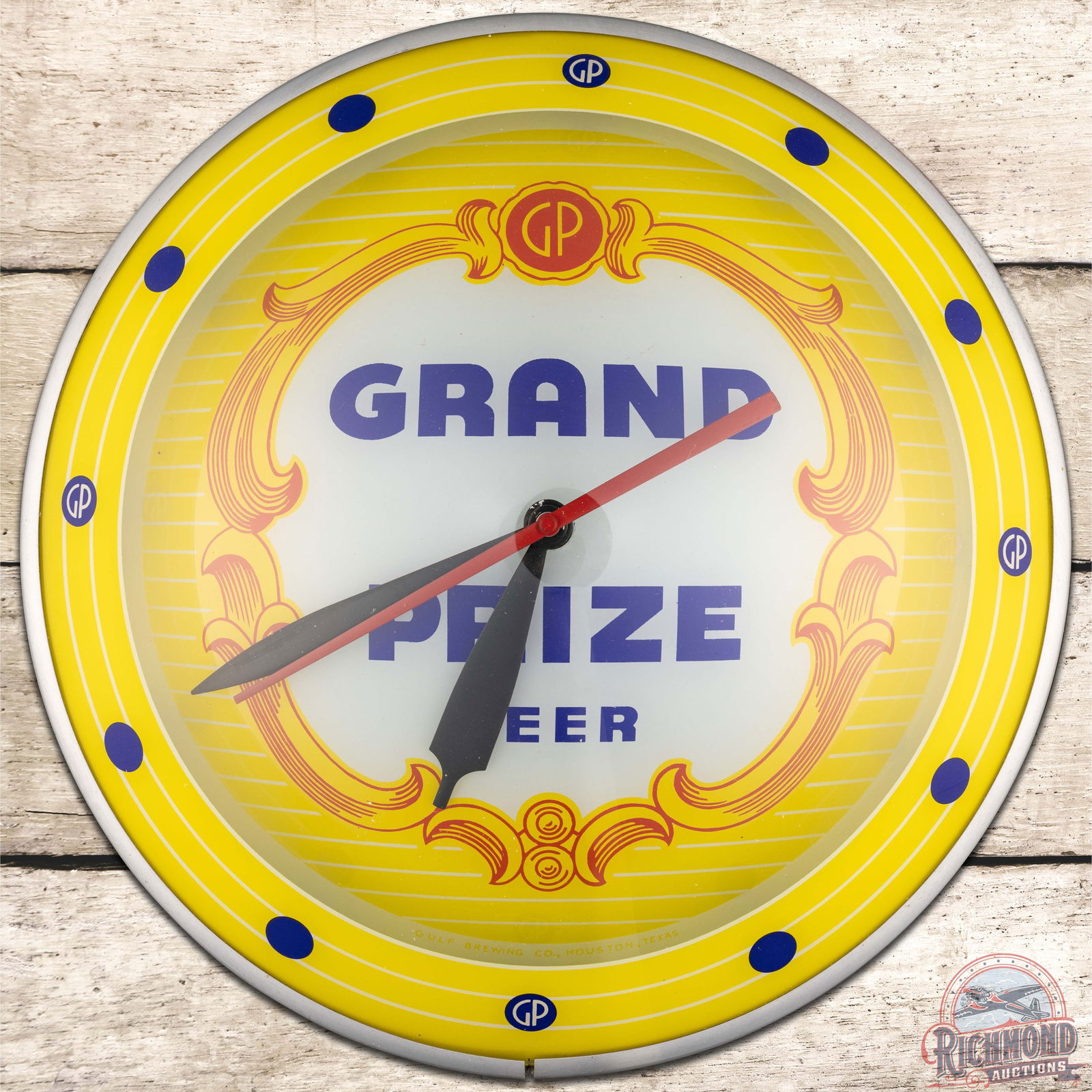 Grand Prize Beer Gulf Brewing Houston TX 15" Double Bubble Advertising Clock: Outstanding Double bubble advertising clock runs and lights up as it should. The inner and outer faces are clean. The can has general age-related wear on the reverse. The Advertising Products decal is