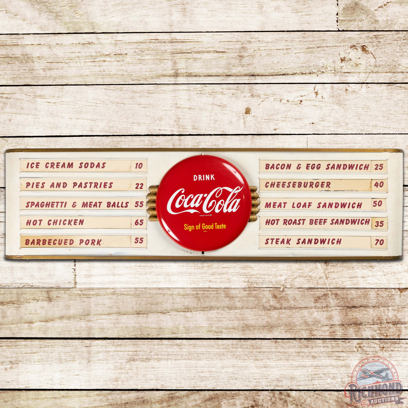 Drink Coca Cola Sled Shaped SST Menu Board Diner Sign w/ Button: SST (Single Sided Tin) multi-piece sled-shaped Coke sign w/ 12" button and cardboard inserts has good color. The 12" button is very clean with minor edge wear. It is marked AM 21. The main sign has ge