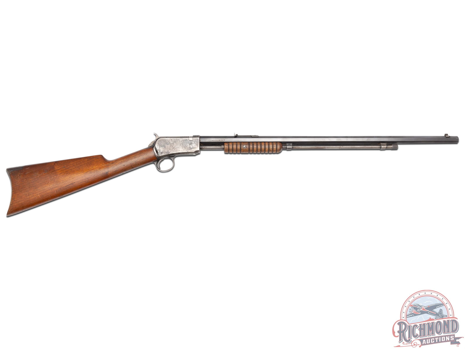 1911 Winchester Model 90 Gallery Gun .22 WRF Slide or Pump Action Rifle: Manufactured in 1911, this gallery gun features a 24" blued octagon barrel with rear notch sight and blade front sight. All Winchester roll stampings and proof marks are clear and legible. Serial numb