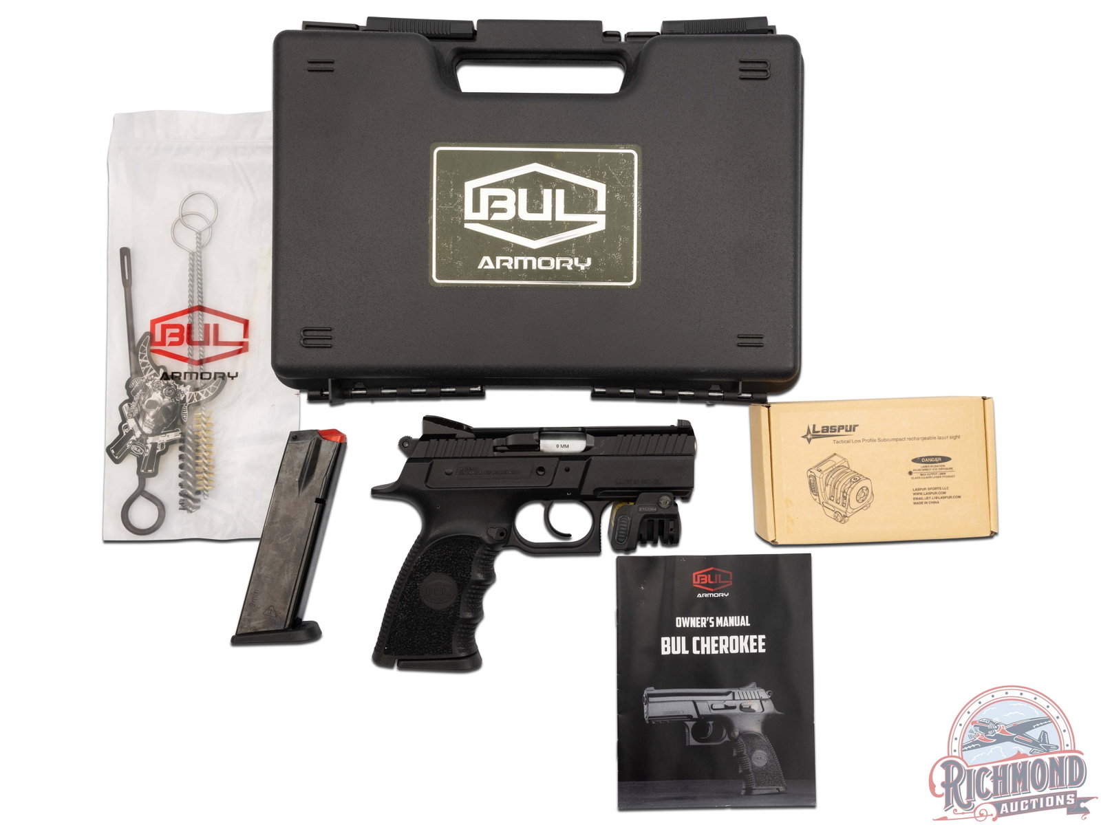 New Bul Armory Cherokee 9mm Semi-Automatic Pistol in Case with Laspur Green Laser: * Consecutive serial number to lot 100 * This Israel made pistol features a 3.6" stainless barrel, black oxide steel slide, and 3-dot windage adjustable sights. Single / double action with left side m