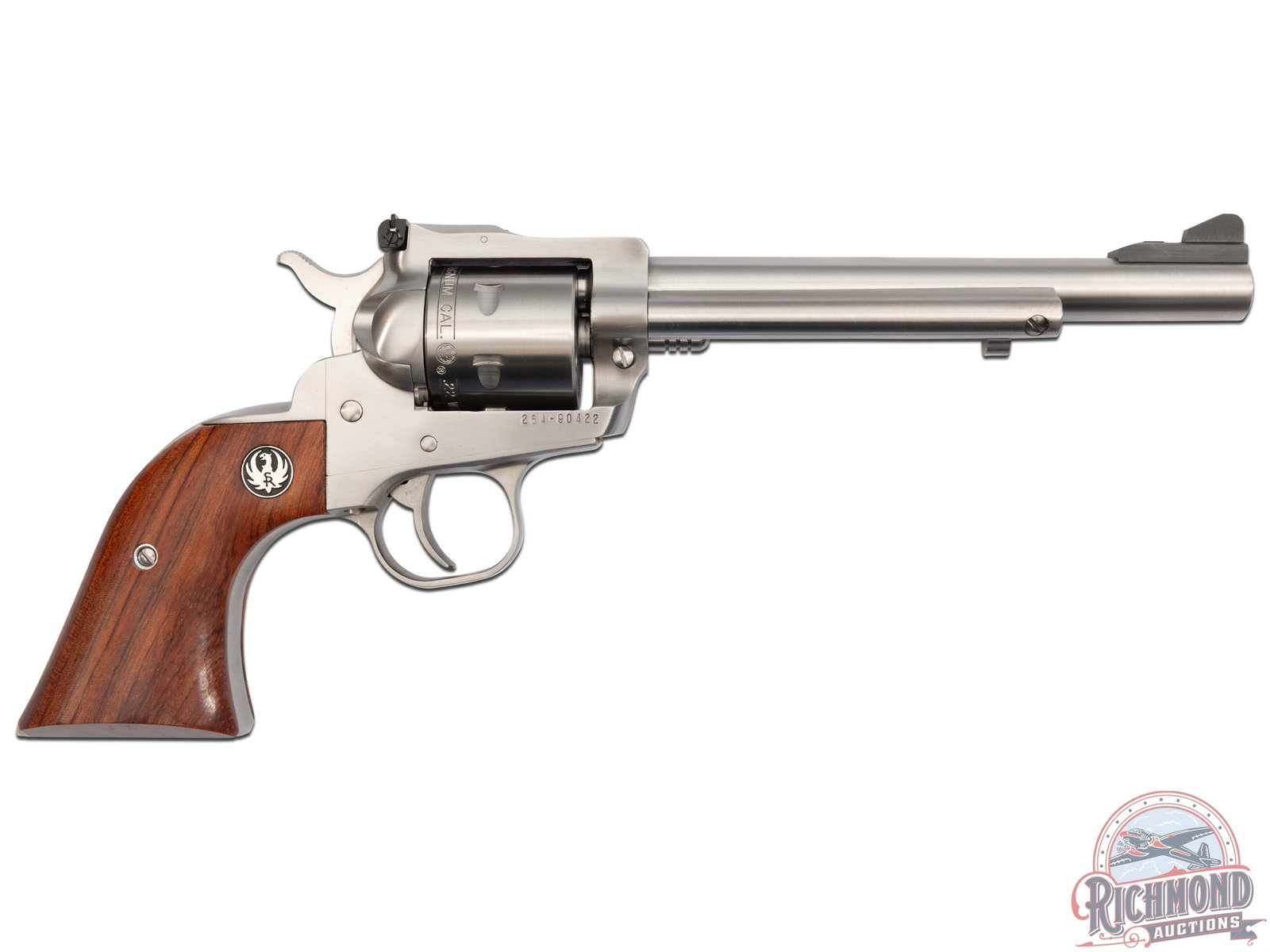 Ruger New Model Single-Six .22 MAG Stainless Steel Single Action Revolver: This popular single action revolver features a 6.5" barrel, rear adjustable notch sight and ramp front sight. Six round non-fluted cylinder. Stainless steel finish throughout. Smooth factory wood grip