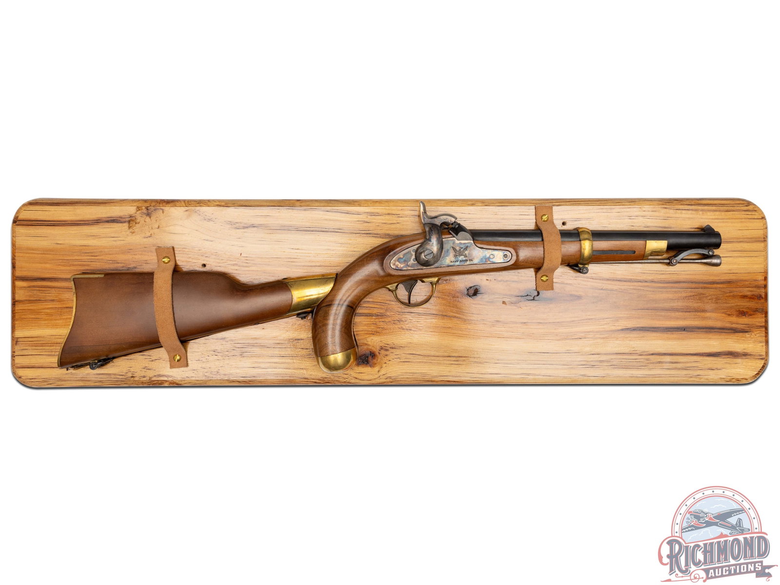 Navy Arms Springfield 1855 Pistol 58 Caliber Carbine: Contemporary made copy of a Springfield 1855 Pistol Carbine with blued round .58 caliber barrel, standard sights, and case hardened percussion lock. Walnut stocks with brass hardware with detachable b