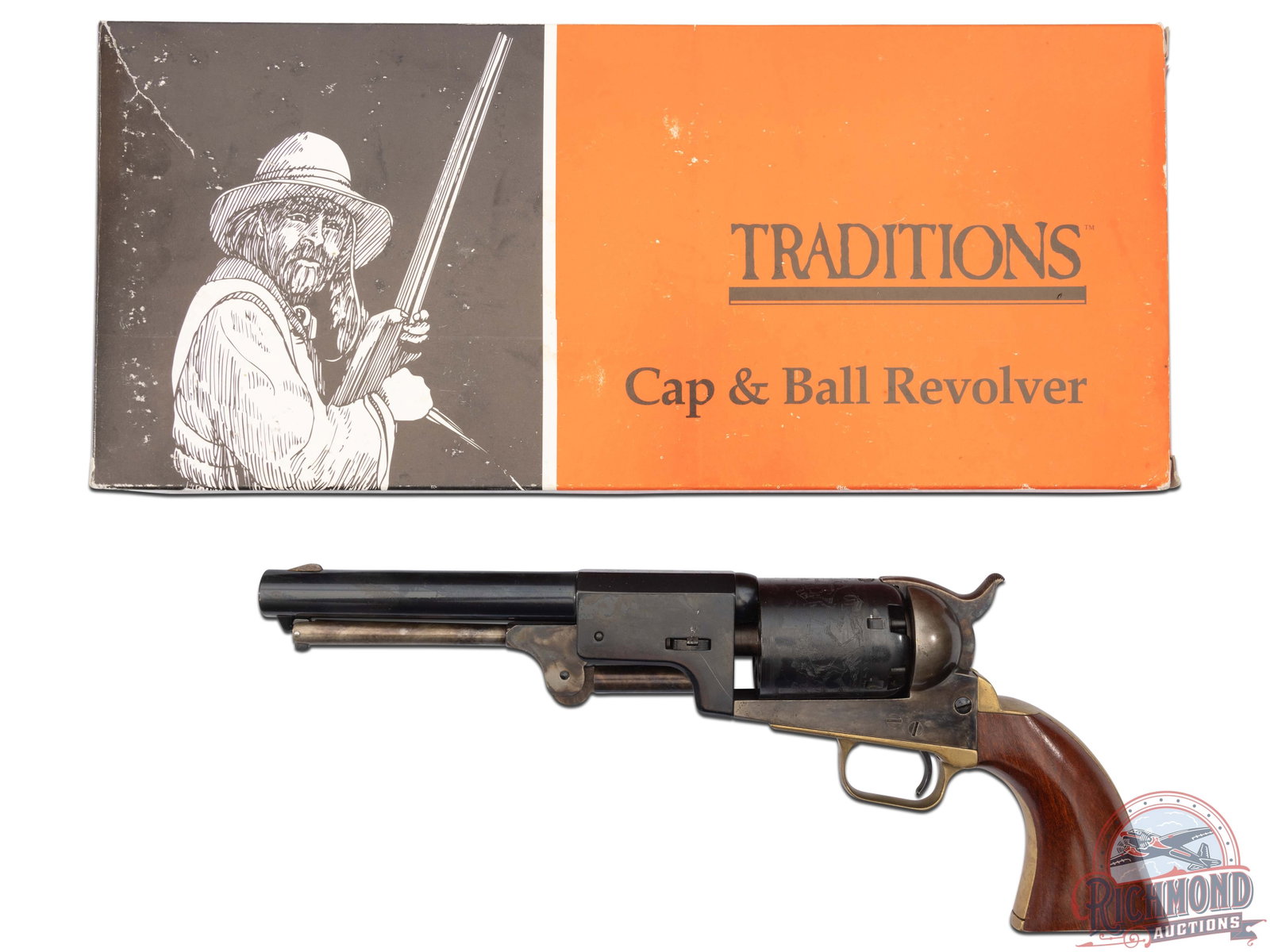 Pietta Traditions 3rd Model Dragoon .44 Cal Cap & Ball Muzzleloader Revolver: Manufactured in Italy by Pietta for Traditions. Features a 7.5" blued round barrel with blade front sight and case hardened loading lever. Blued six-round engraved cylinder. Case hardened receiver and