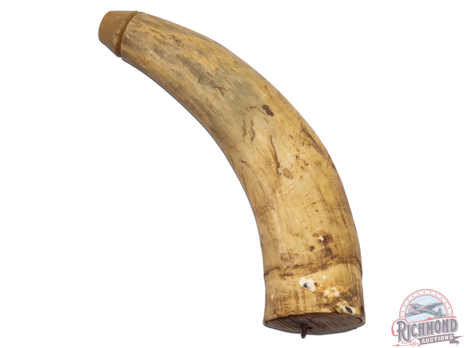 Lot Two Vintage Black Powder Horns and Powder Measure Flask: All three pieces in vintage used condition.