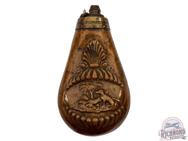 Lot Two 3 lbs. Vintage Black Powder Flasks Copper & Leather