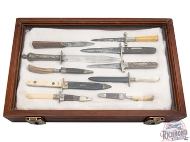 Collection of 10 Antique & Vintage Daggers and Fixed Blade Knives in Display Case