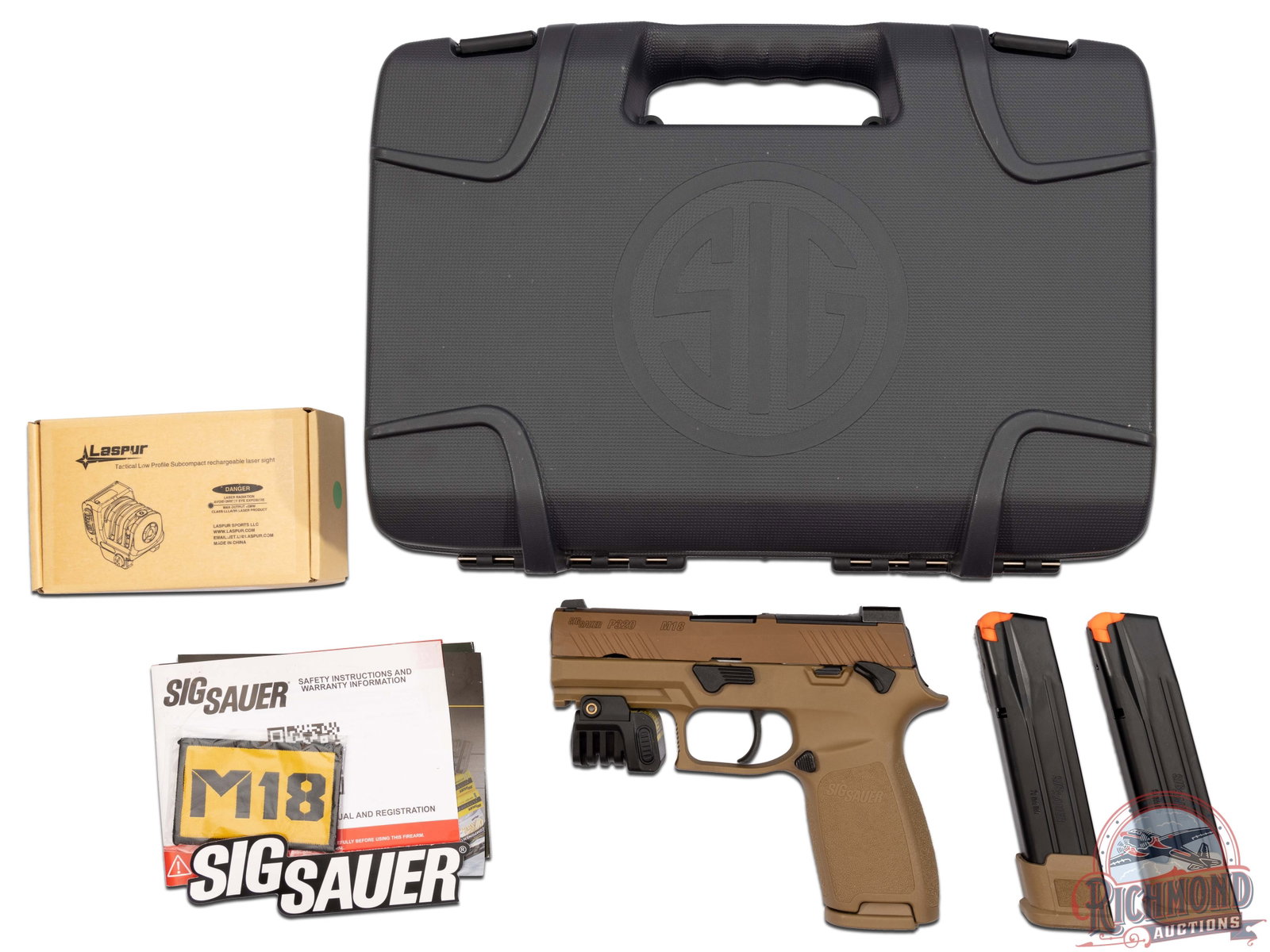 Sig Sauer P320 M18 Semi-Automatic 9mm Pistol in Original Case with Laspur Green Laser: This Sig features a 3.9" factory barrel in a Coyote PVD steel slide. Equipped with three-dot Siglite night sights. Features a Coyote brown polymer frame with accessory rail, integrated lanyard loop an