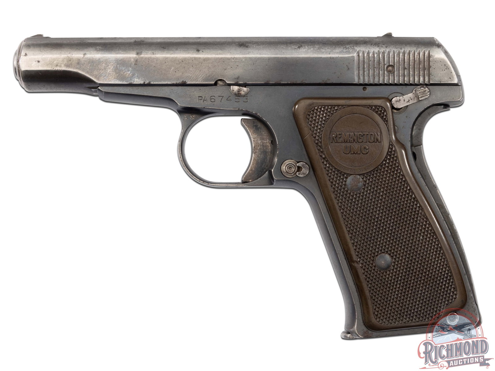 1924 Remington UMC Model 51 .32 ACP Semi-Auto Pocket Pistol: Manufactured in 1924 by Remington and marketed as a "pocket pistol" to compete with the Colt model 1903. Features a 3.25" barrel in an hammerless slide with low profile and notch and blade sights. Mat
