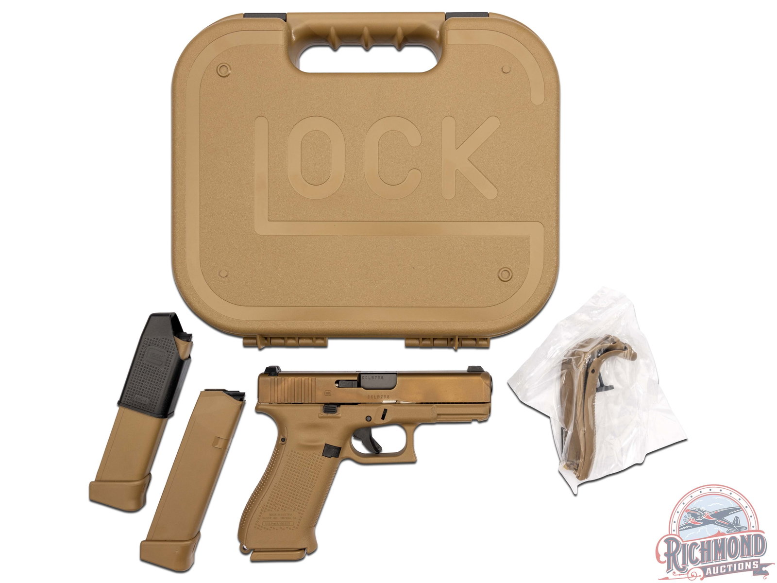 New Glock 19X Crossover 9mm Semi-Auto Pistol in Coyote Tan with Accessories: Glock's first "Crossover" pistol combining the best features of the full-size G17 frame and the compact G19 slide. Features a 4" matching factory barrel, coyote factory colored slide finished with an 