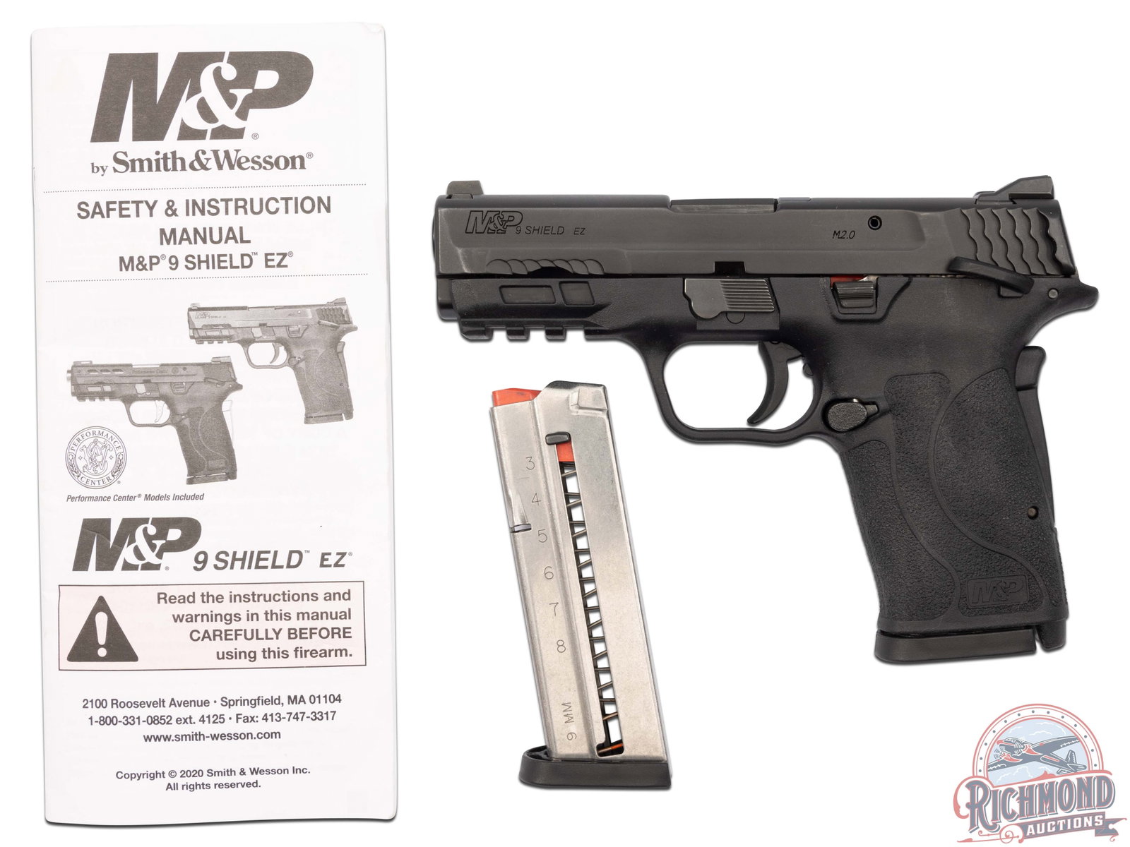 Smith & Wesson M&P M2.0 9 Shield EZ 9mm Semi-Auto Pistol with Glock Range Bag: This M&P pistol features a 3.5" barrel in a sleek easy-to-rack slide with three white dot sights adjustable for windage. Black frame with Picatinny accessory rail for light or laser. Loaded chamber in