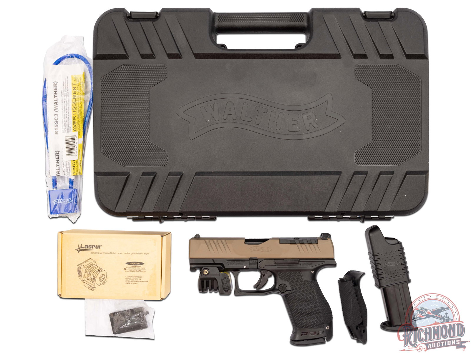 New Walther PDP Compact 9mm FDE Semi-Auto Pistol Optics Ready with Laspur Green Laser: *Consecutive Serial Number To The Previous Lot* This compact German made Walther features a 4" barrel in an FDE finished steel slide with optics ready cut-out. Three white-dot sights, black polymer fr