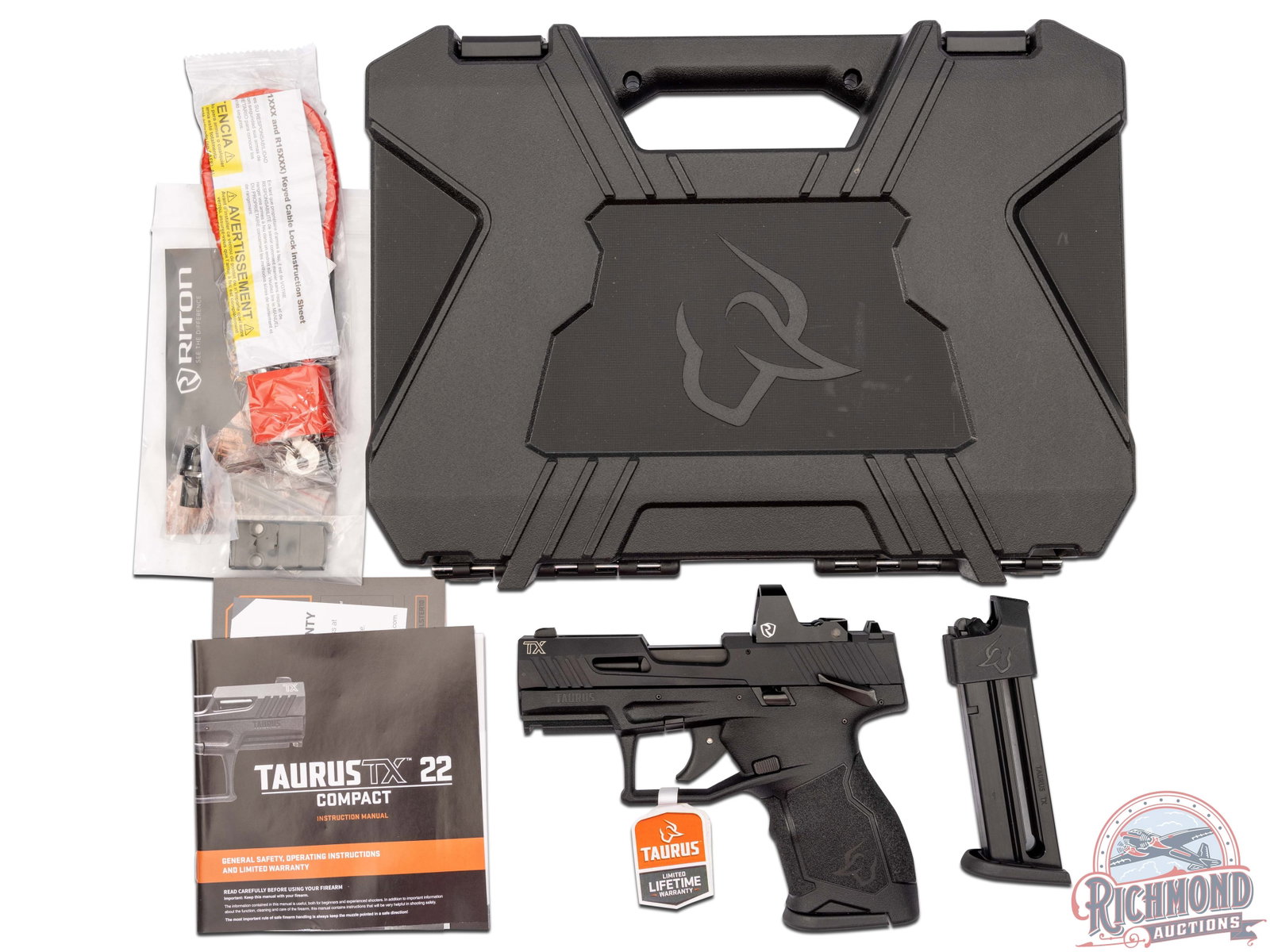 New in Original Case Taurus TX22C .22 LR Semi-Auto Pistol with Riton Red Dot Sight: This new lightweight compact pistol features a 3.6" ventilated barrel, black anodized steel slide and rear notch sight with front white dot. Comes equipped with a Riton Shake-Awake Red Dot sight on a 