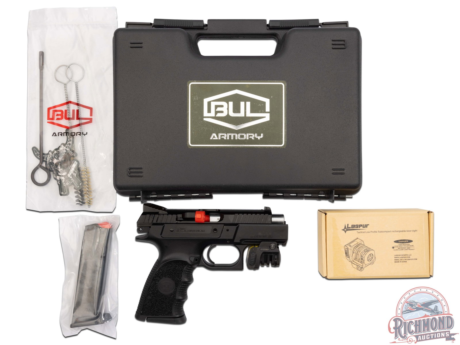 New Bul Armory Cherokee 9mm Semi-Automatic Pistol in Case with Laspur Green Laser: * Consecutive serial number to lot 13 * This Israel made pistol features a 3.6" stainless barrel, black oxide steel slide, and 3-dot windage adjustable sights. Single / double action with left side ma