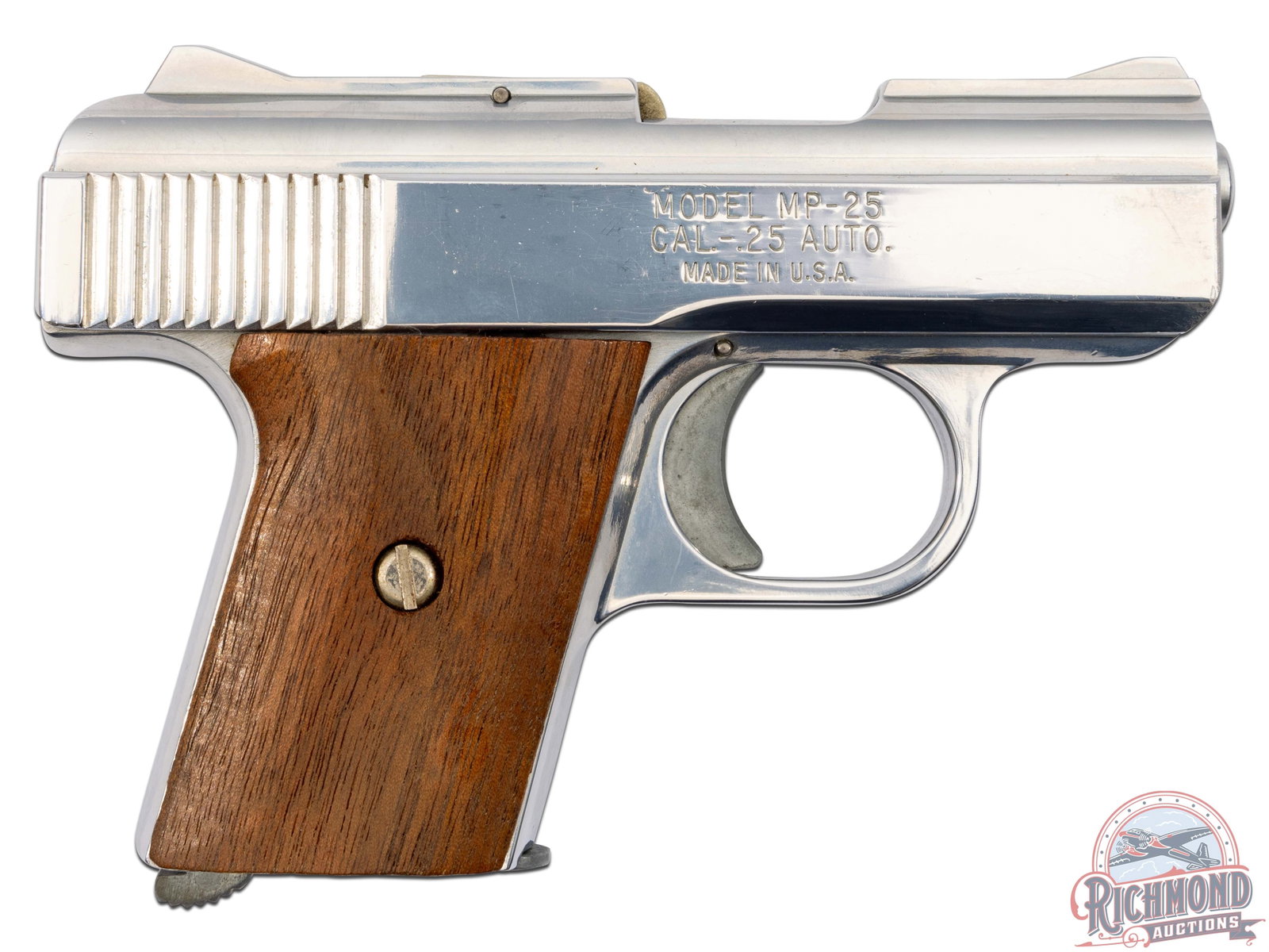 Raven Arms MP-25 Bright Chrome .25 Auto Semi-Automatic Pocket Pistol: Manufactured in the early 1980's in Industry, California by Raven Arms. This small easy to conceal pistol features a 2-7/16" barrel in a bright chrome finish frame. Fixed notch and ramp sights on a so
