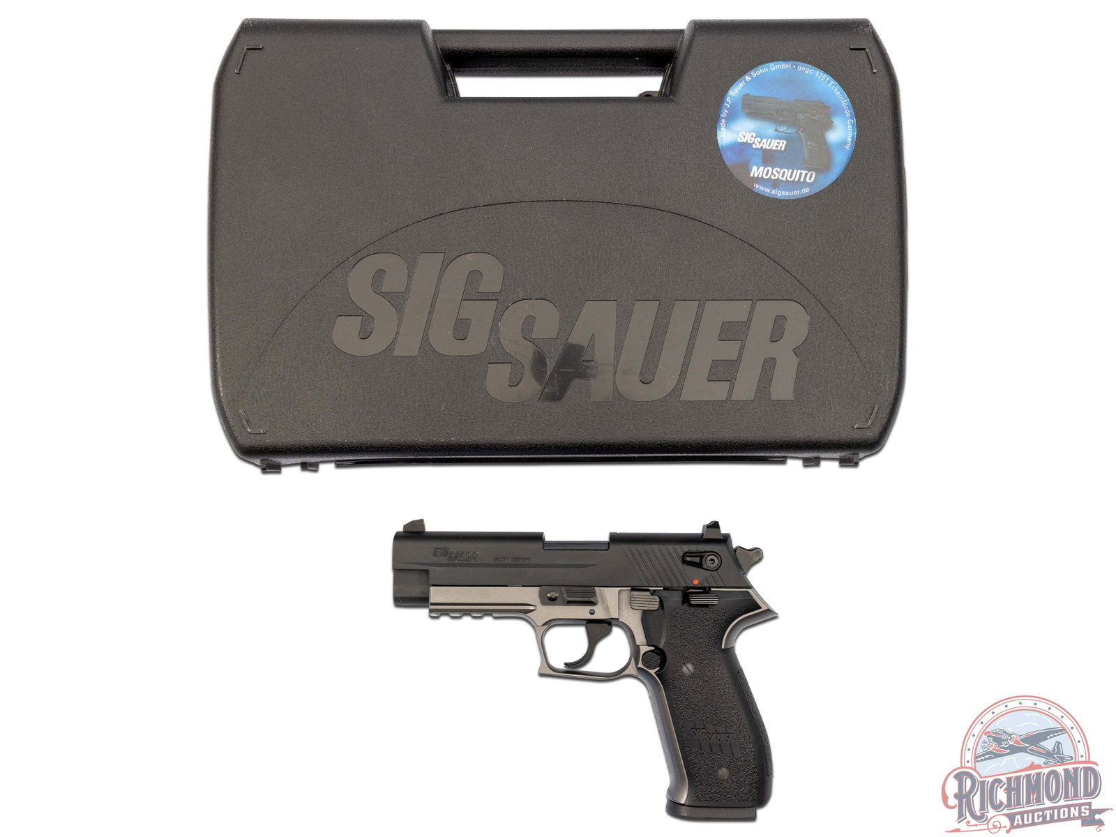 Sig Sauer Mosquito .22 LR Reverse Two-Tone Semi-Automatic Pistol: This pistol was made by Sig Sauer in Germany circa 2010. This DA/SA pistol features a 3.9" barrel, three neon yellow dot sights with rear adjustable. Limited edition reverse two-tone finish with matte