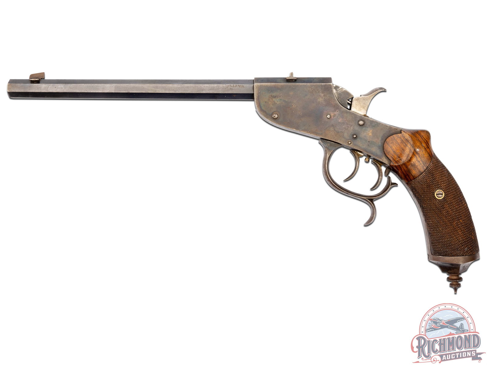 Antique German Falling Block Single Shot .22 Short Parlor Pistol: This East German parlor pistol features a 9.5" blued octagon barrel with rear notch and front blade sights. Case hardened receiver houses the falling block action with extractor, actioned by the ornat