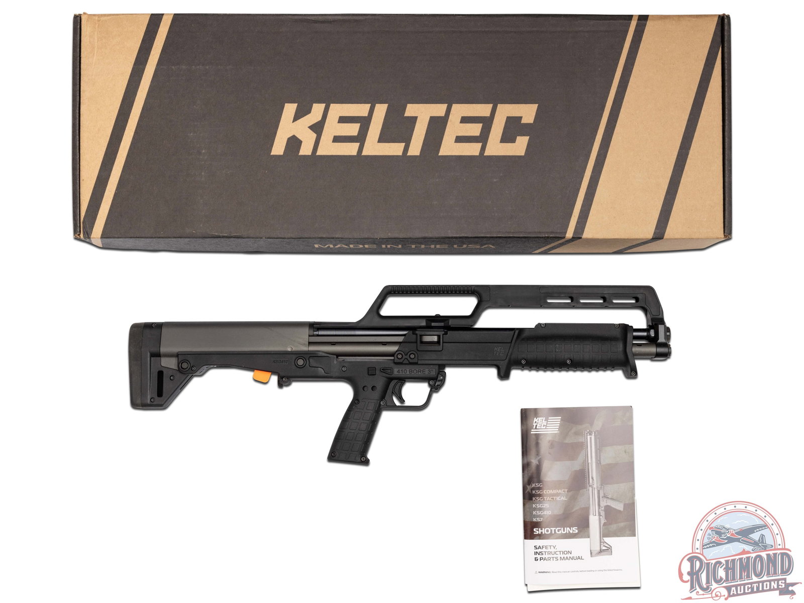 New Kel-Tec KSG410 .410 Gauge Bullpup Semi-Automatic Shotgun: This American made Bullpup is the only dual tube .410 bore shotgun in the world! Features an 18.5" barrel chambered for 3" shells. Internal dual tube magazine holds 5+5+1 rounds. Parkerized steel gray