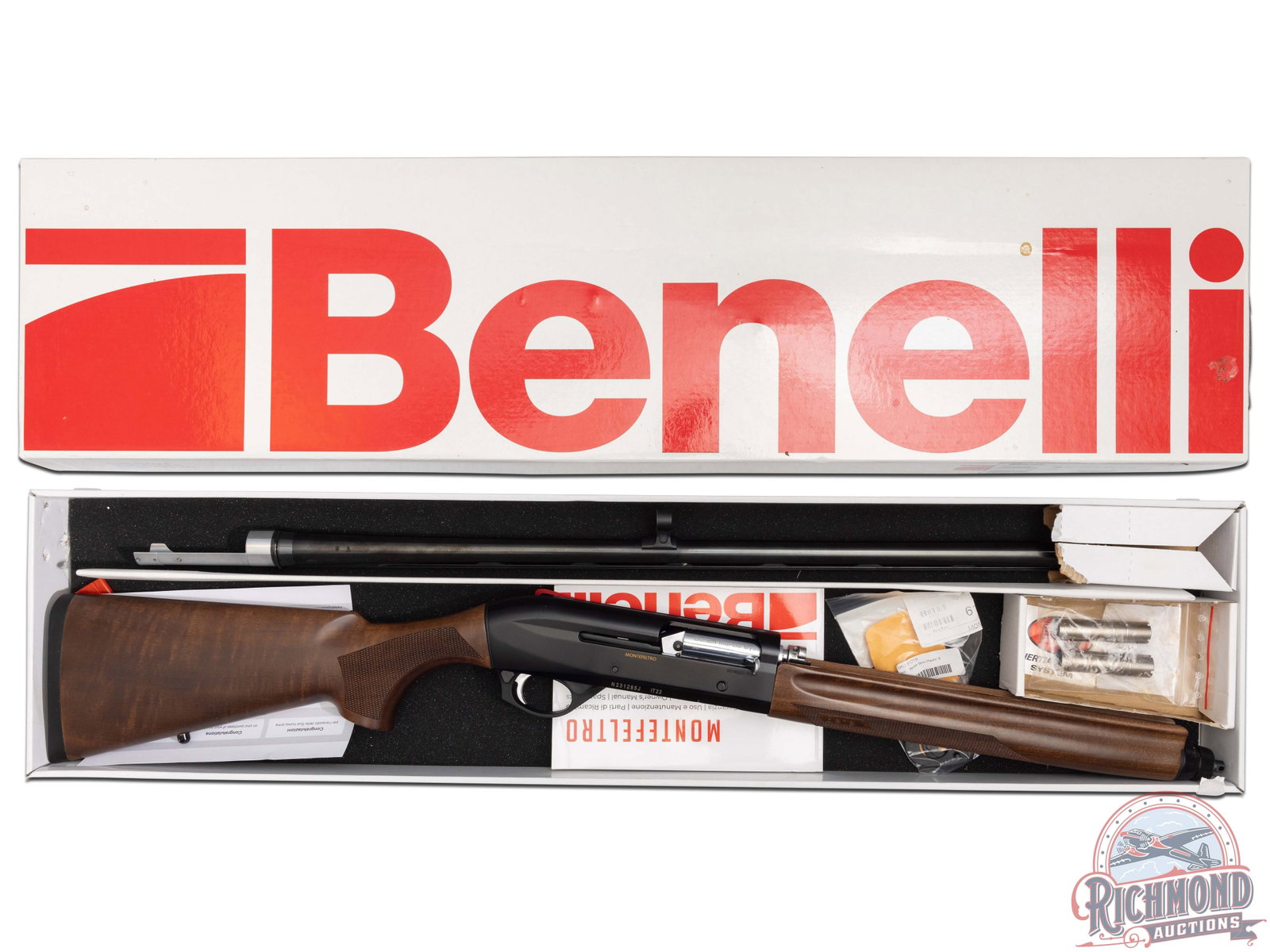Benelli Montefeltro 20 Gauge Inertia System Semi-Automatic Shotgun Hard-To-Find: Italian made, this shotgun features a 26" blued vent rib barrel chambered for 2-3/4" and 3" shells. Includes shims and Improved, Modified and Full screw-in choke tubes. Blued receiver with the proven 