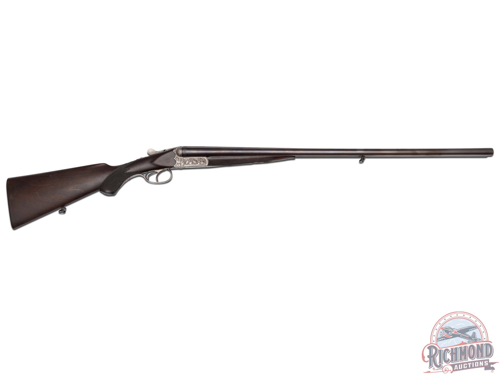 German 16 Gauge Side by Side Shotgun Game Scene Engraved SXS: Made pre WW 2. 29.5 " blued 16 gauge Krupp steel barrels with matted rib with bead front sight, extractors, 2 3/4 " chambers and full and full chokes. Box lock coin finish, game scene engraved scallop