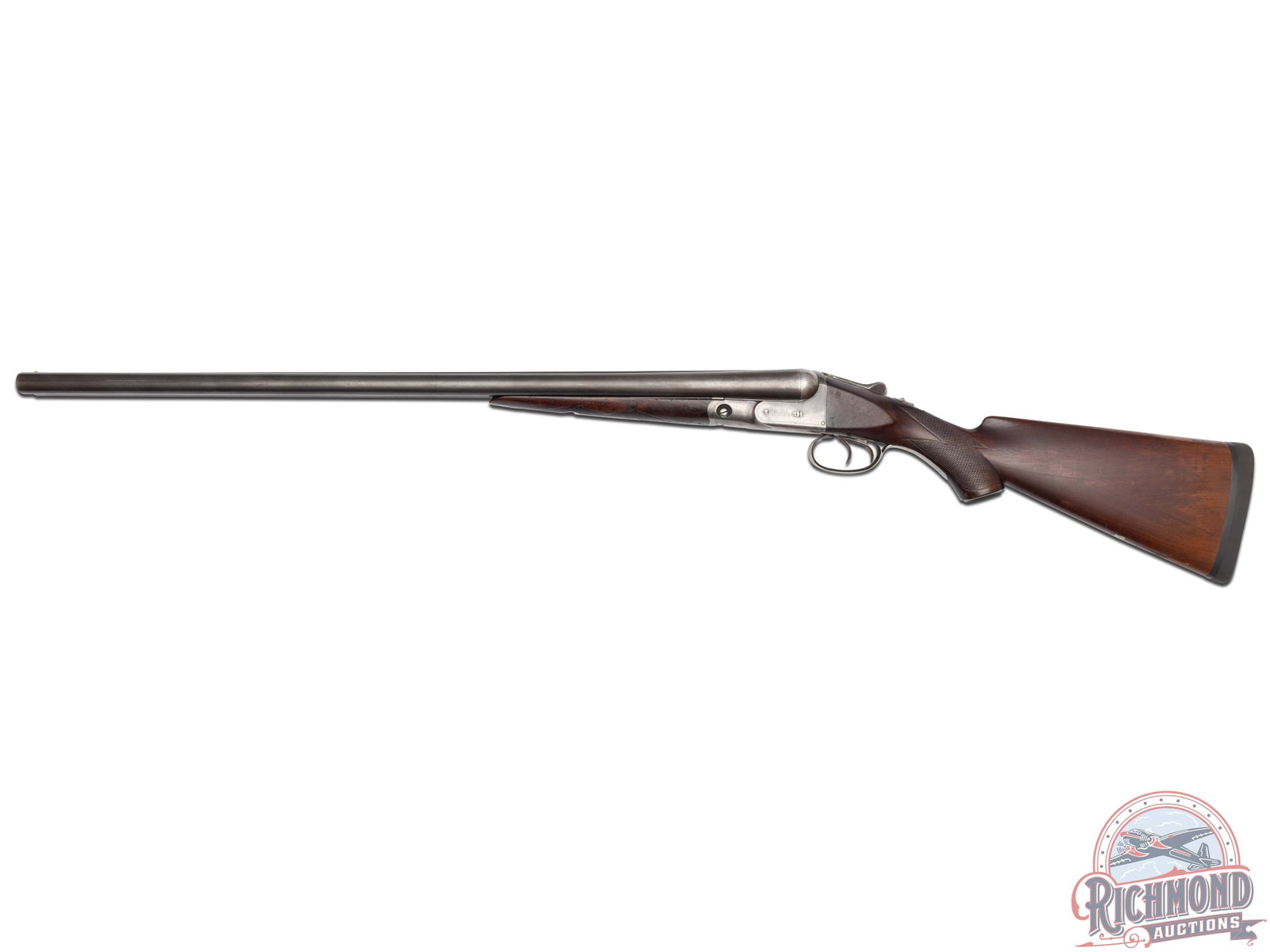 Parker VH Grade 12 Gauge Side by Side Shotgun: Made in 1906. 28" blued 12 gauge Vulcan steel barrels, with matted rib, bead front sight, 2 3/4 " chamber, extractors and full and full chokes. Standard double trigger case hardened no. 2 frame. Stand