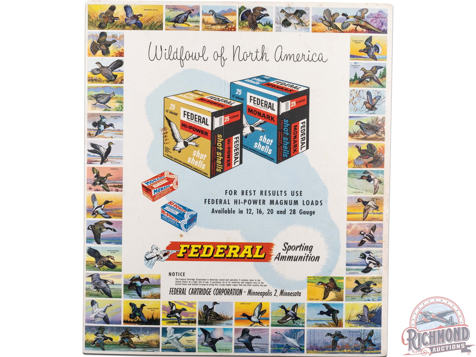 Federal Sporting Ammunition "Wildfowl of North America" Cardboard Shot Shell Display Sign: Federal sporting ammunition shot shell display sign. It has good color and shows light wear and spots of discoloration. It displays well with the newer shot shell box graphics. Has easel back. Shrink 