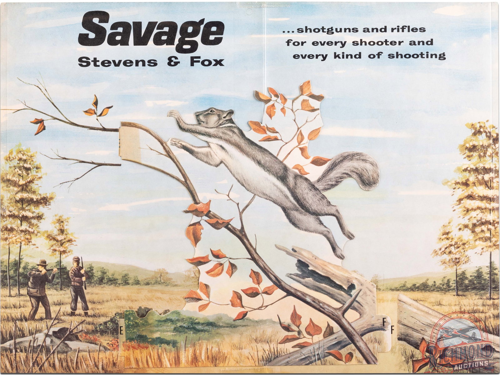 Savage Stevens & Fox Cardstock Display With Slide Insert Squirrel: Savage cardstock display with slide insert. It has good color and shows minor wear, a vertical crease in the center, and some areas of discoloration. It displays very well. Shrink wrapped and secured 
