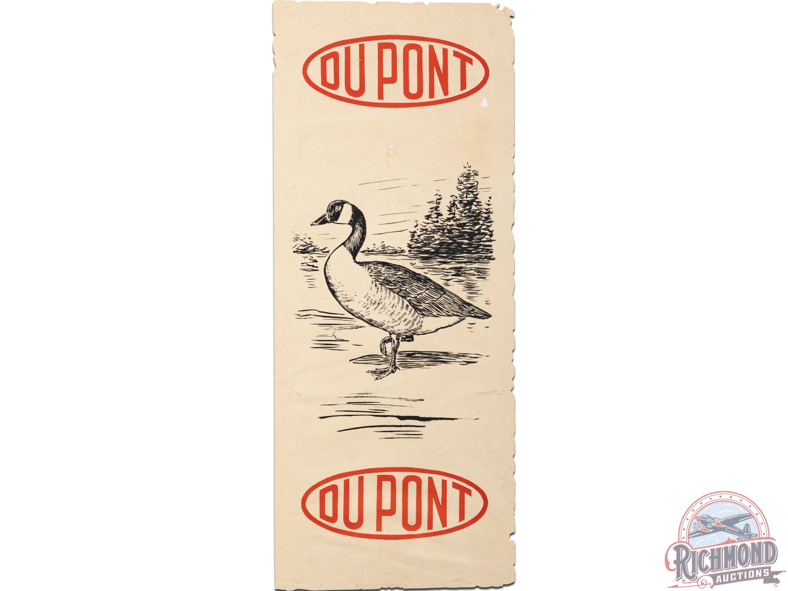Du Pont Paper Poster With Canada Goose: Du Pont paper poster with Canada Goose. It has good color and shows wear, slight discoloration, a few tears, and paper loss mainly along the edge. It displays well. Shrink wrapped and secured to foam 