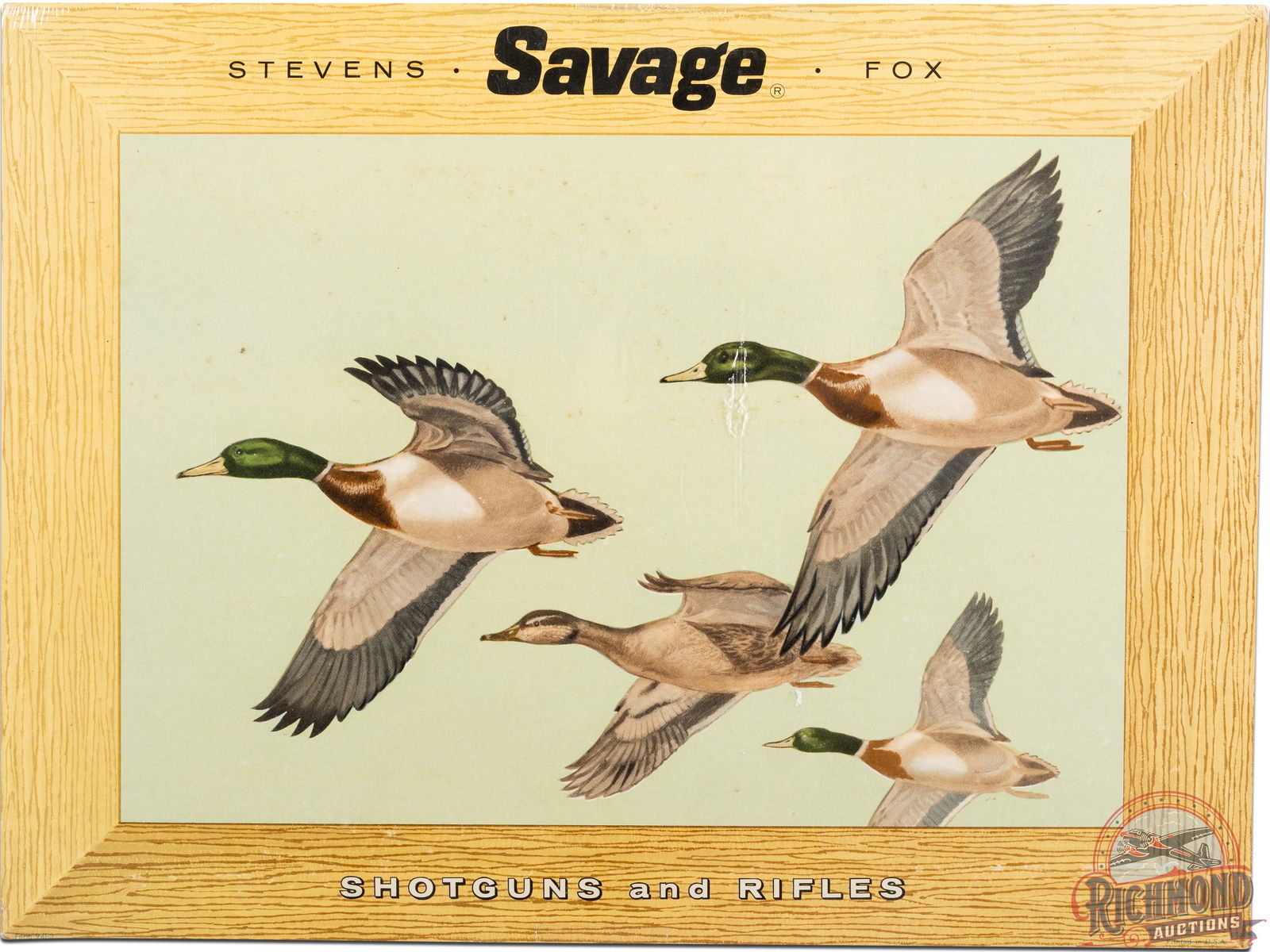 Savage Stevens & Fox Cardboard Shotguns And Rifles Display Mallard Ducks: Savage shotguns and rifles cardboard display. It has good color and shows light wear and spots of discoloration. It displays very well with easel back. Marked Printed in U.S.A. Shrink wrapped and secu