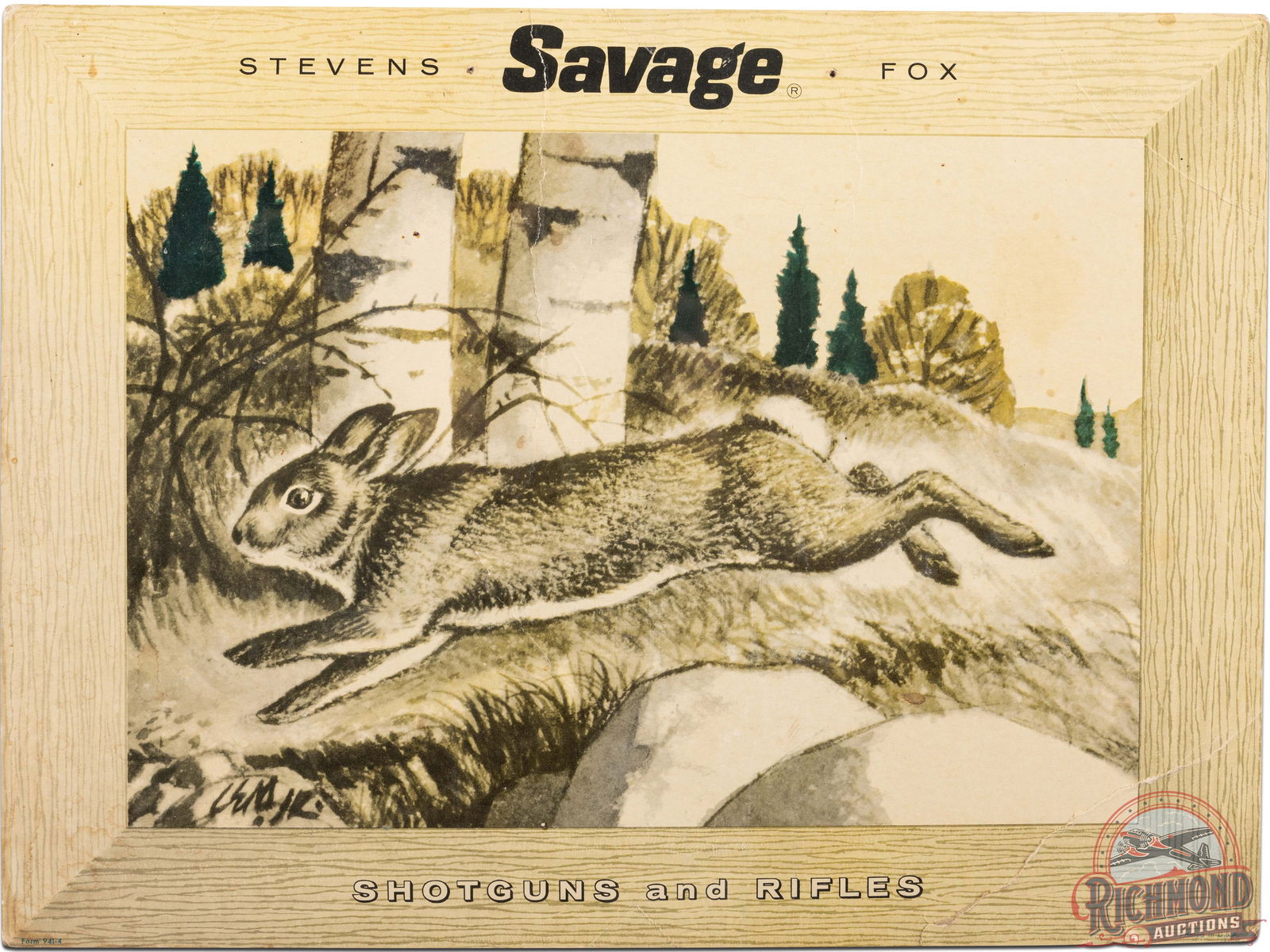 Savage Stevens & Fox Shotguns And Rifles Display Cottontail Rabbit: Savage shotguns and rifles cardboard display. It has average color and shows wear, discoloration, and creases/tears. It displays well with easel back. Marked Printed in U.S.A. Shrink wrapped and secur