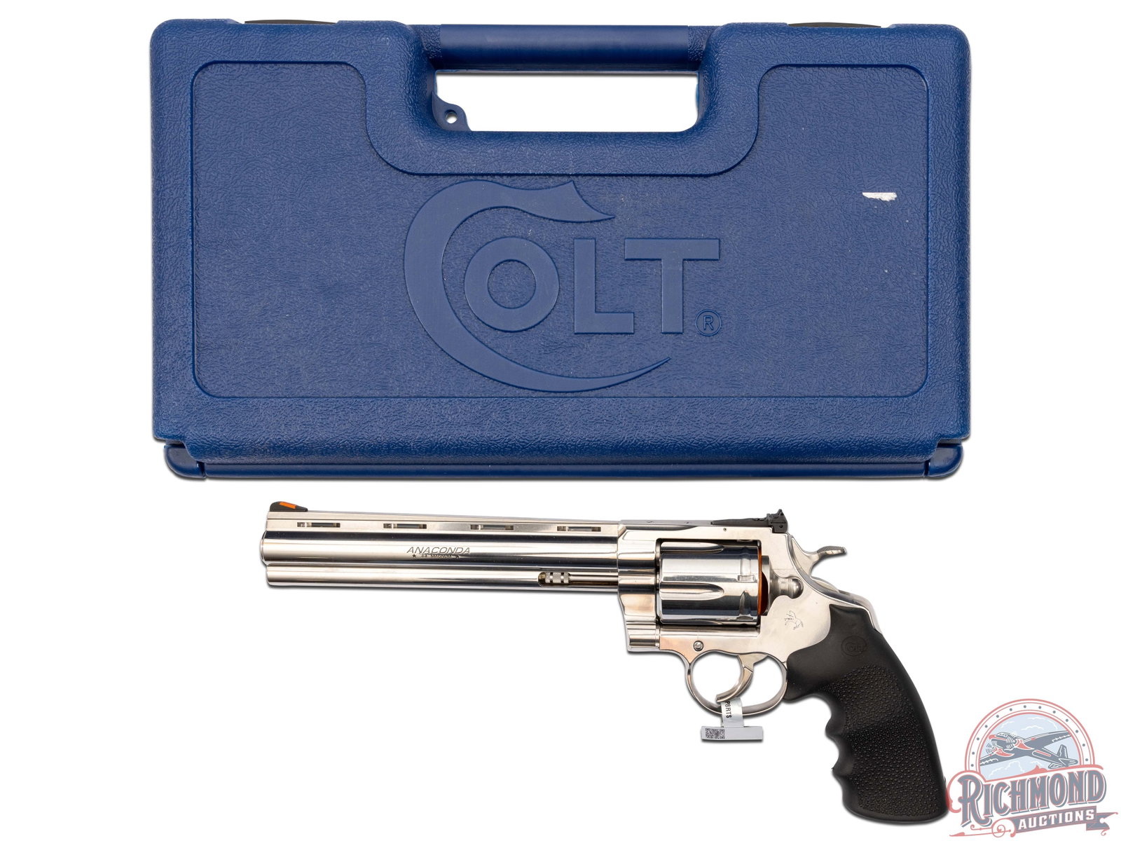 New Anaconda Stainless .44 Magnum Double Action Revolver: A newer model Colt snake gun built on the large MM frame. Features a 8" ventilated rib barrel with full-length underbarrel ejector shroud, and all the standard Colt Anaconda markings. Polished stainle