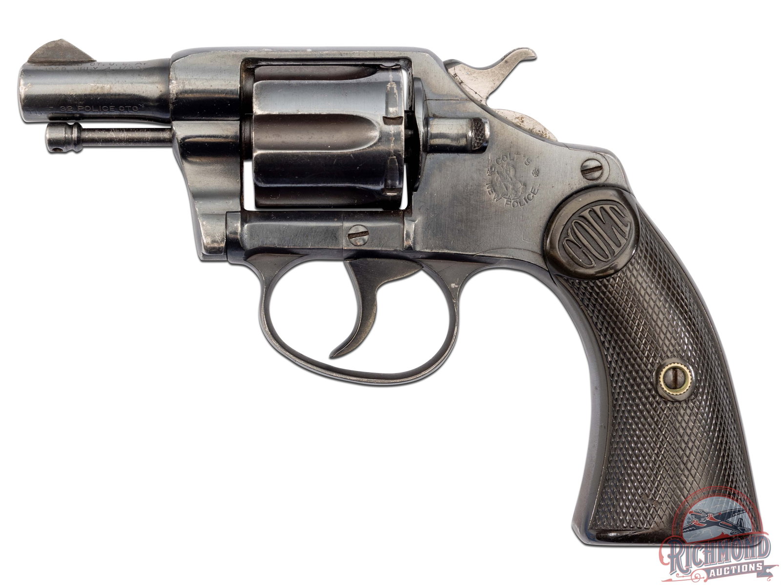 1897 Colt New Police .32 S&W New York Police Double Action Revolver: Manufactured in 1897 for a New York Police Department. Factory inscribed on the back of the grip strap "New York Police". Features a 2" barrel, stamped on the left side "HARTFORD, CT U.S.A." with poss