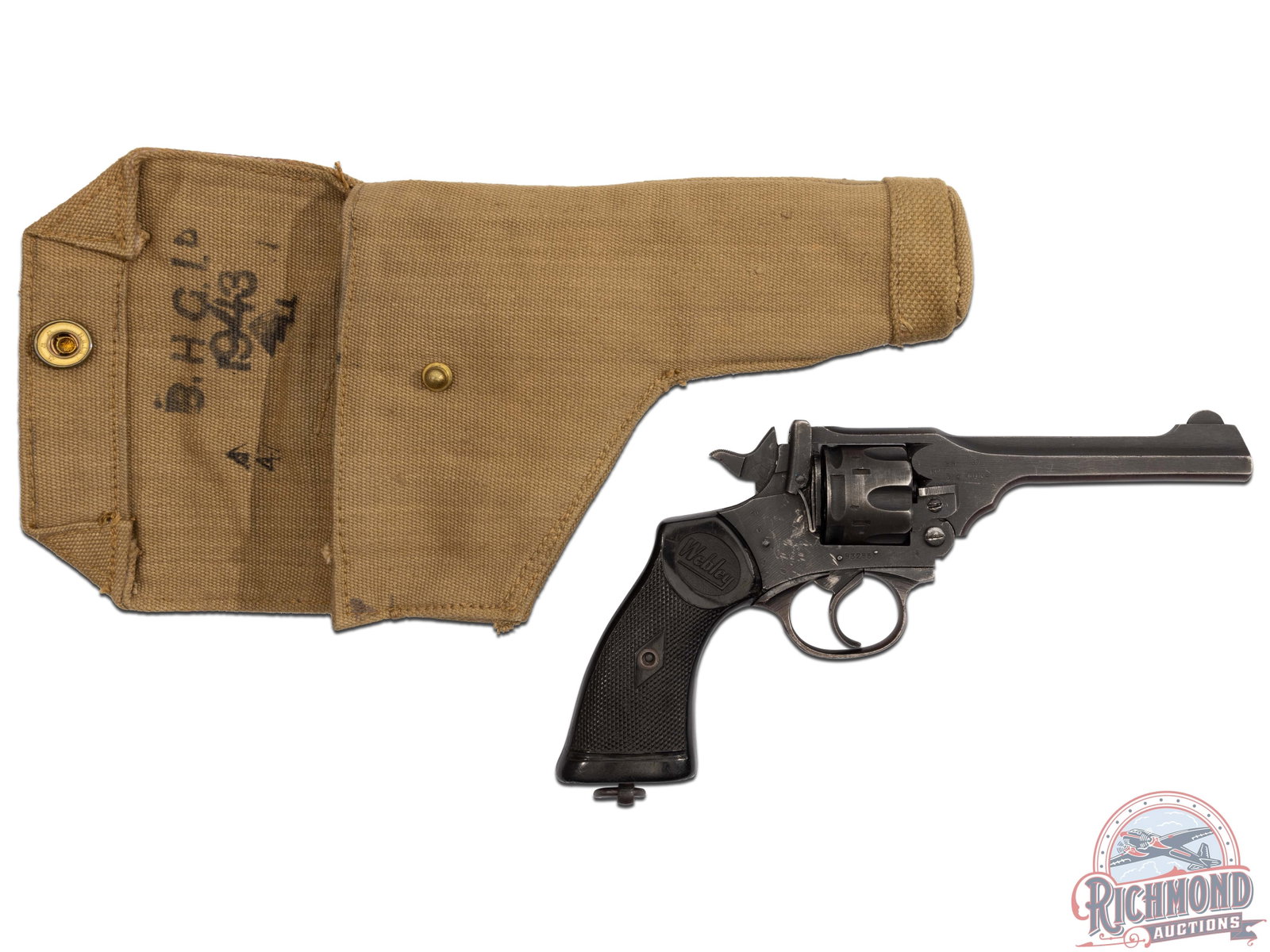 Webley & Scott Mark IV .38 S&W Top Break Revolver War Finish w/ Canvas Holster: This British top break revolver features a 5" barrel with rear notch and half-moon front sight. Six round cylinder with shell extractor. War time parkerized finish. Factory Webley black checkered synt