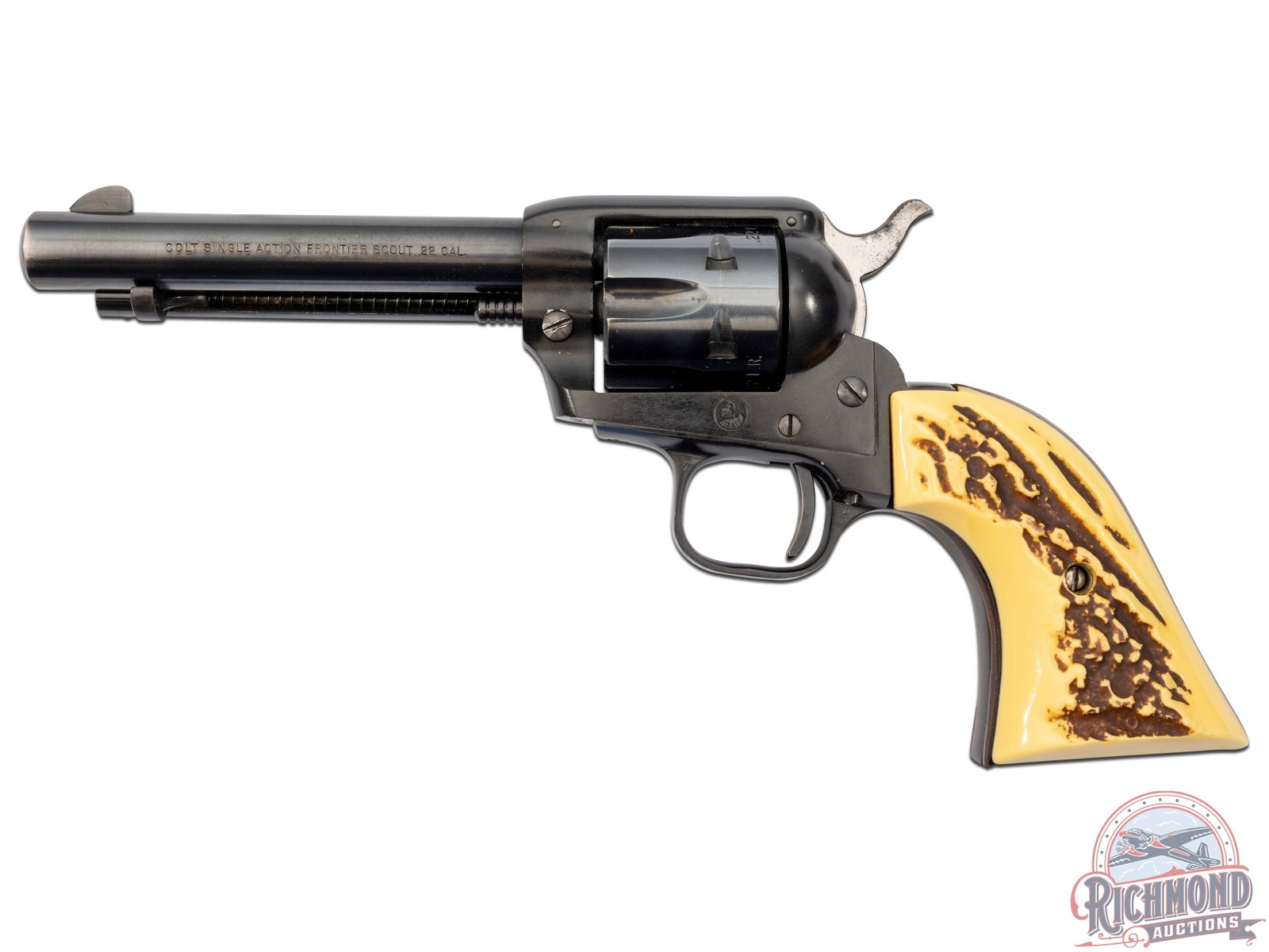 1965 Colt Single Action Frontier Scout .22 LR Revolver: Manufactured in 1965. Features a 4.75" barrel with blade front side sight and integrated frame notch rear sight. Stamped on the left side of the barrel "COLT SINGLE ACTION FRONTIER SCOUT .22 CAL.", to